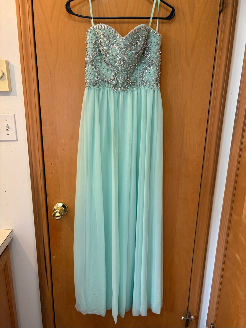 My Michelle Mint Chiffon Strapless Beaded Prom Gown